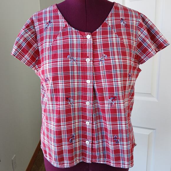 Cascade Blues red plaid embroidered blouse L altered repaired cotton button up - Picture 6 of 15